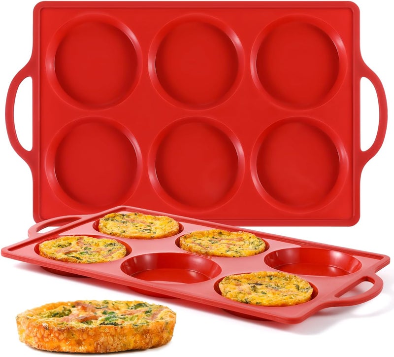 CAKETIME Silicone Muffin Top Pan with Metal Frame, 4 Inch Jumbo Non Stick Round Egg Baking Pan for Oven English Muffins, Whoopie Pies, Corn Bread, Egg Bites, Breakfast Sandwiches Tarts 2 Pack Red - Image 1